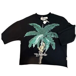 Bkys Men M My Paradise Skeleton Palm Tree Graphic Short Sleeve Crop T Black